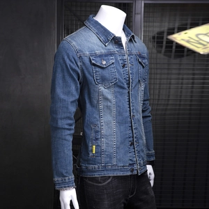 Mens slim fit blue wash denim jacket with classic collar and double flap pockets