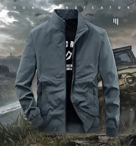 Detail of grey-blue casual jacket featuring a ribbed stand collar and full zipper closure