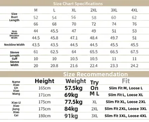 Detailed size chart for men's standing collar jacket covering sizes M to 4XL in centimeters