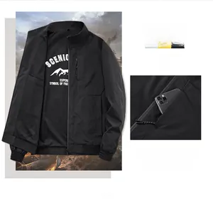 Detail of windproof black stand collar jacket showing zipper pocket with smartphone fit