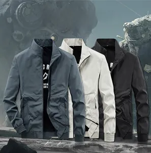Detail view of men's slim fit bomber jackets in three colors with rib-knit cuffs