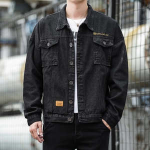 Giacca di Jeans da Uomo in Cotone Lavato Vestibilità Larga Streetwear Risvolto Monopetto Capispalla Con Ricamo Patch di Moda Autunno