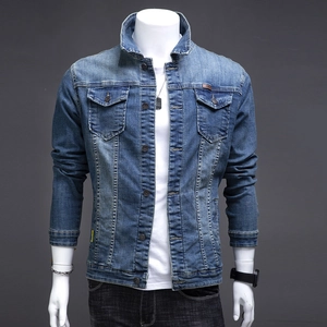 Men's slim fit blue denim jacket with classic lapel and washed workwear style design