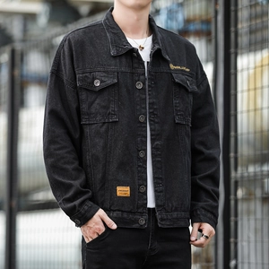 Men's loose black denim jacket with chest embroidery and classic workwear styling