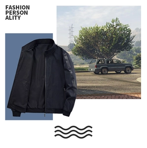 Detail of dark bomber jacket with stand collar and FREE print on elastic cuff