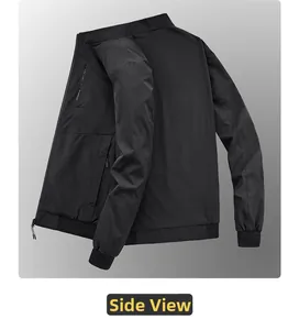 Side view of men's slim fit jacket with stand collar and ribbed cuffs in black fabric