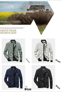 Four colors of men's stand collar casual jackets with a rugged outdoor driving scene