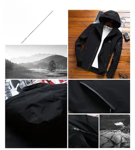 Detail view of black casual jacket featuring mountain logo and adjustable velcro cuffs