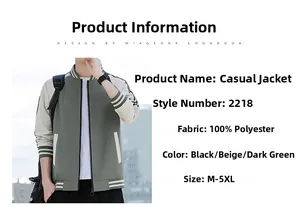 Detail of green varsity jacket showing ribbed collar and 100% polyester fabric texture