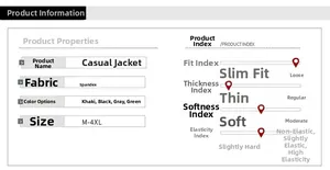 Detailed size chart and material specs for men's casual jacket including spandex fabric info