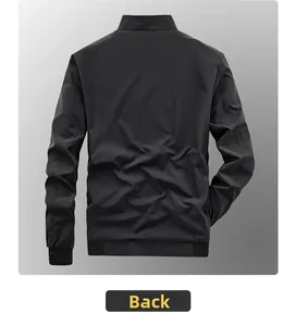 Back view of a black slim-fit casual jacket with stand collar and ribbed hem
