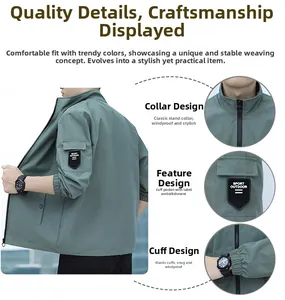Detail view of green outdoor jacket featuring a tactical arm pocket and stand collar
