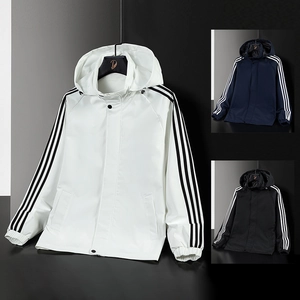 Men's retro hooded windbreaker jacket with triple stripe sleeves in three classic colors