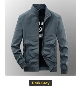 Detail view of dark gray casual jacket showing stand collar and ribbed cuffs design