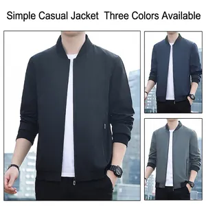 Men's minimalist bomber jacket with ribbed collar in three colors: black, navy, and grey