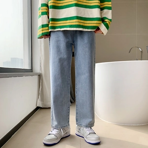 Men Retro Hong Kong Style Straight Leg Jeans Loose Fit Washed Cotton Denim Ankle Length Casual Pants For Men
