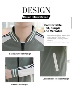 Detailed views of ribbed collar, elastic cuffs and pockets on green baseball jacket