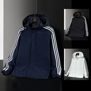Men's outdoor hooded zip jacket with athletic stripes and drawstring in three colors