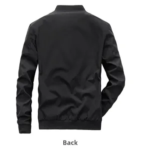 Back view of a black lightweight bomber jacket with ribbed collar and windproof fabric