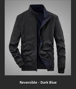 Detail of reversible jacket showing black exterior and dark blue interior with ribbed collar