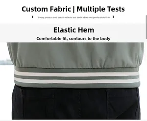 Detail of grey-green jacket featuring elastic ribbed hem with white horizontal stripes