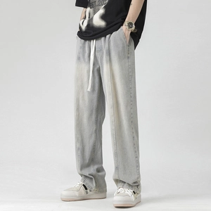 Men Vintage Washed Straight Wide Leg Jeans Autumn Casual Loose Denim Pants With Drawstring Elastic Waist Streetwear