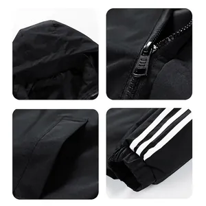 Men's black hooded sports jacket featuring white three-stripe cuffs and zip-up design