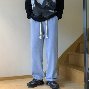 Men's Vintage Wide Leg Jeans Loose Straight Cotton Denim Pants Casual Streetwear Trousers With Adjustable Drawstring