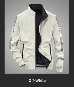 Detail of reversible jacket with white main fabric, black zippers and ribbed striped cuffs