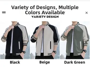 Detailed comparison of baseball jackets in black, beige, and dark green with striped cuffs