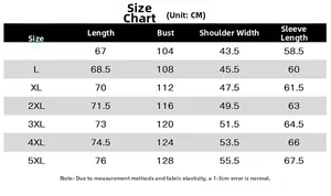 Men's baseball jacket size guide showing measurements for length, chest and shoulders