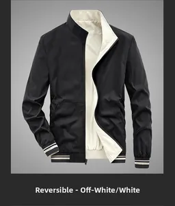 Detail showing reversible jacket in cream white with striped knit ribbed cuffs and collar