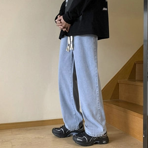 Retro American light blue wide-leg jeans with drawstring waist and loose fit