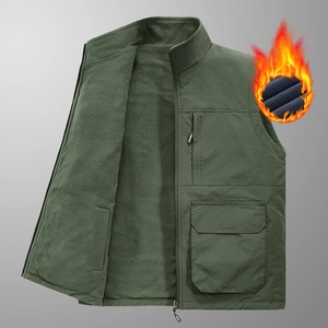 Gilet tactique homme vert olive doublé polaire avec multi-poches et fermeture éclair