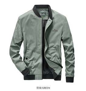 Detailed front view of men's pea green bomber jacket with rib-knit collar and slogan