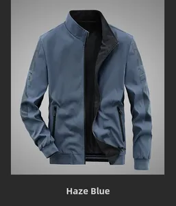 Detail of blue men's casual jacket with stand-up collar and FREE printed sleeve
