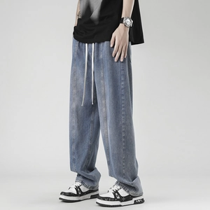 Men's loose vintage straight leg blue jeans with elastic waist and drawstring detail