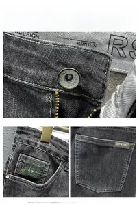 Détails macro des boutons en denim, fermeture éclair et étiquette de poche damier