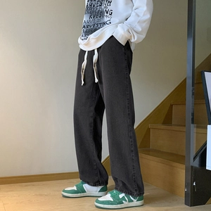 Men's retro loose straight-leg dark gray wide-leg jeans with elastic drawstring waist