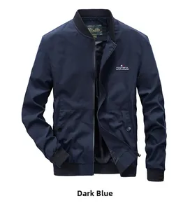 Detail view of dark blue windbreaker jacket with stand collar and ribbed cuffs