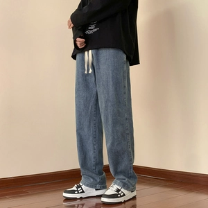 Men's Vintage Wide Leg Jeans Cotton Blend Washed Straight Leg Denim Pants With Drawstring For Casual Daily Wear