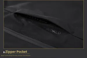 Macro shot of waterproof zipper pocket and 'EXPLORE THE WORLD' embossed fabric detail