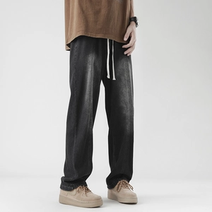 Men's vintage washed grey straight-leg denim jeans with elastic drawstring waist