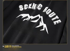Macro view of breathable mesh fabric with scenic route graphic print on casual jacket