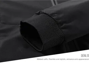 Detailed macro view of the elastic ribbed cuff design on this black outdoor casual jacket