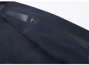 Detail of navy blue jacket sleeve with FREE heat-sealed print and functional zipper
