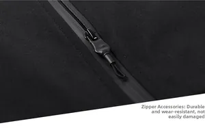Detail of waterproof zipper and durable tape puller on men's outdoor casual jacket
