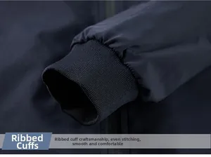 Close-up of ribbed cuffs and uniform stitching on a navy blue reversible casual jacket