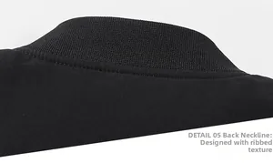 Detail view of the black jacket ribbed neckline with uniform and high-quality stitching