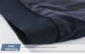 Close-up of the solid ribbed hem and uniform stitching on this navy blue jacket